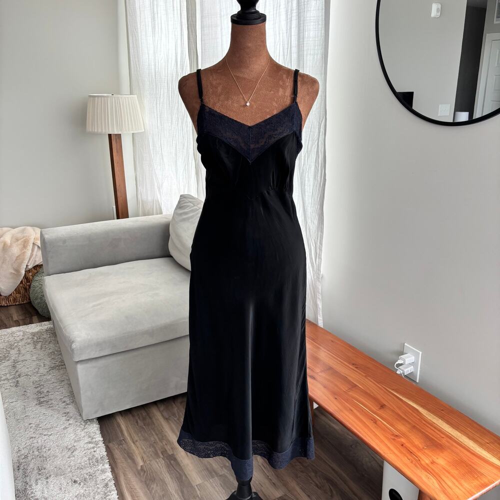 1950s Vintage Tranel Black Rayon Slip Dress Lace Trim Bias Cut Sleepwear Size 36